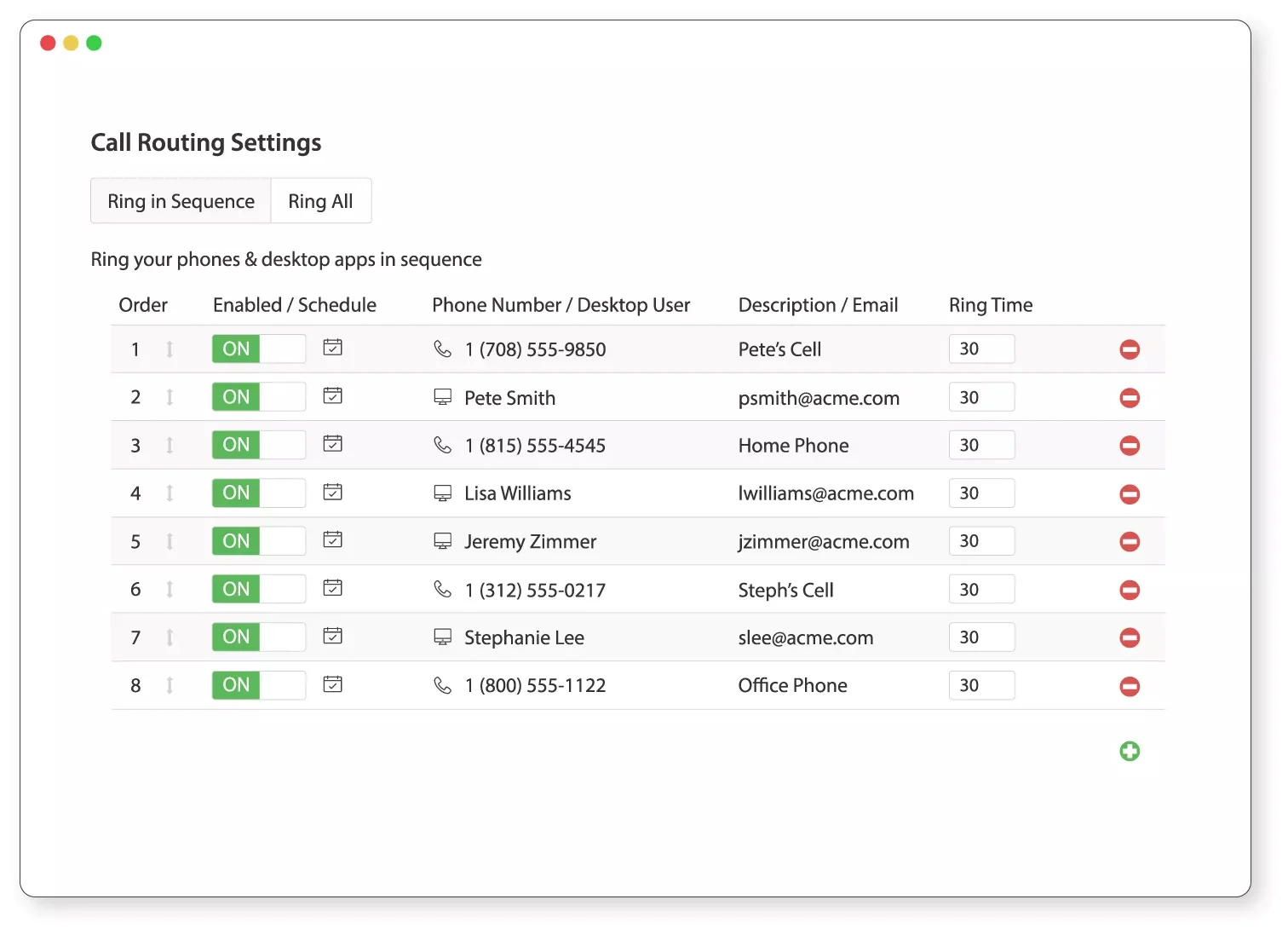Talkroute interface showing the call routing settings, which lists eight phone numbers and corresponding ring times.
