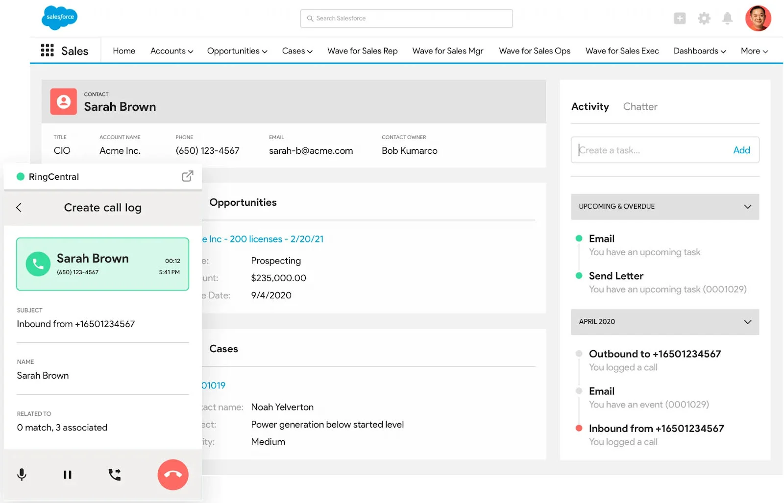 Salesforce interface showing a customer profile and a pop-up box on the left side that prompts the user to create a call log on RingCentral.