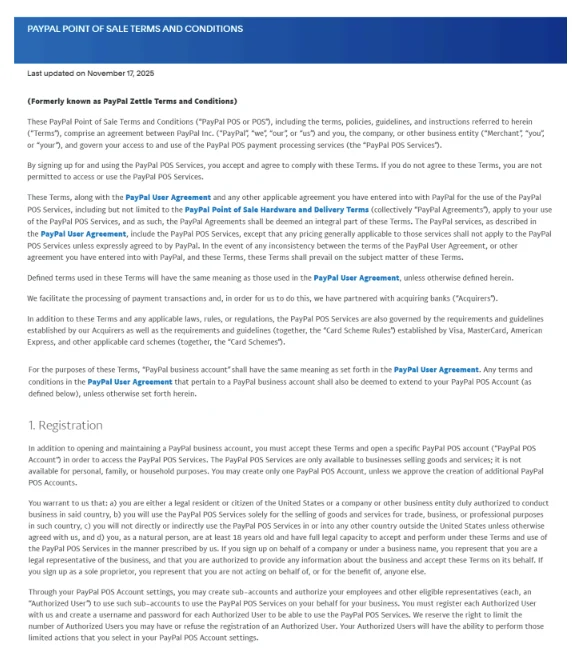 PayPal Point of Sale TOS