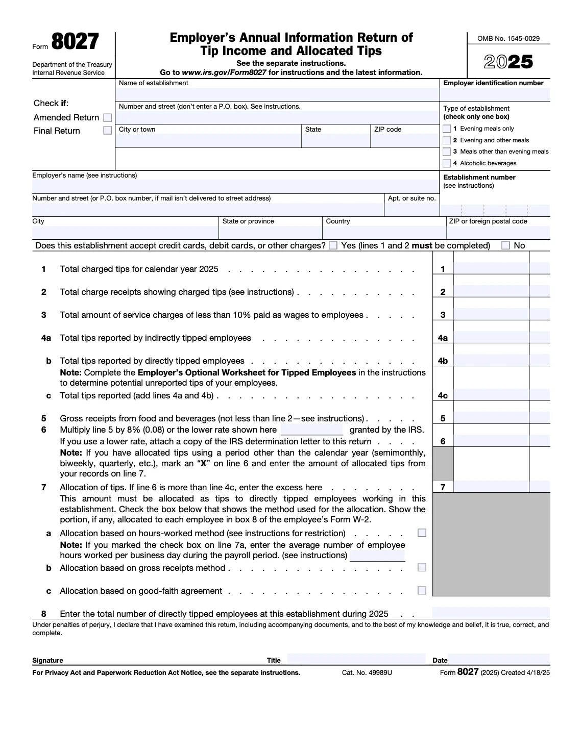 Form 8027 - Annual Information Return of Tip Income