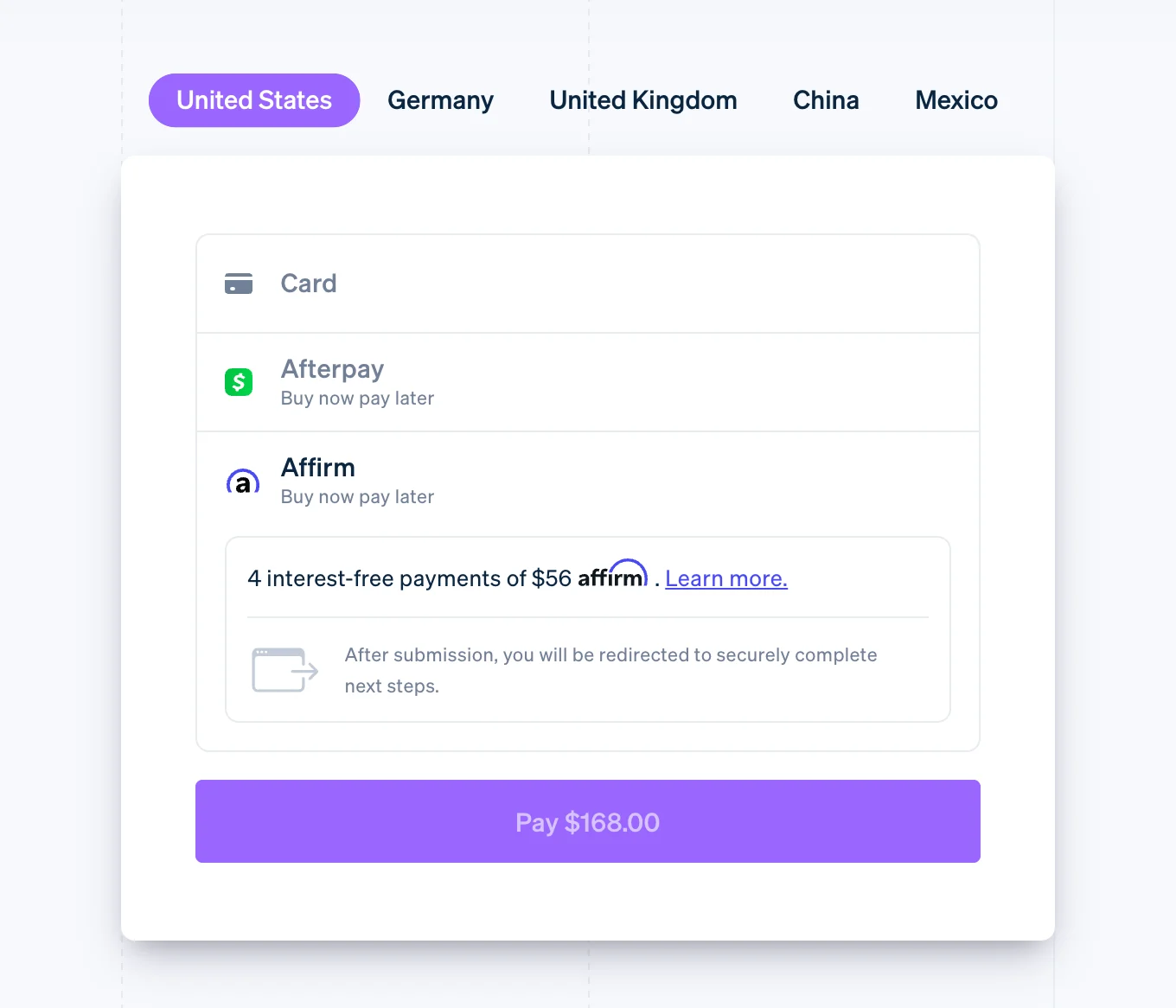 Checkout panel with Card, Afterpay, and Affirm options; United States selected; “Pay $168.00” button.