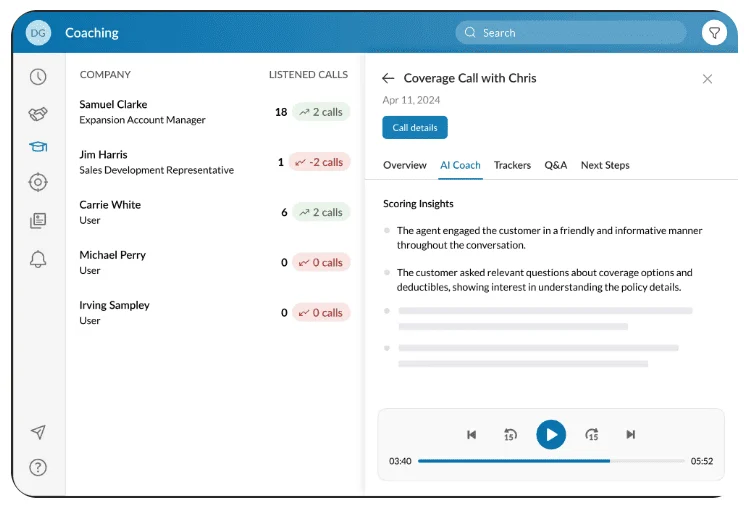 RingCentral coaching dashboard with call analytics data and AI feedback.