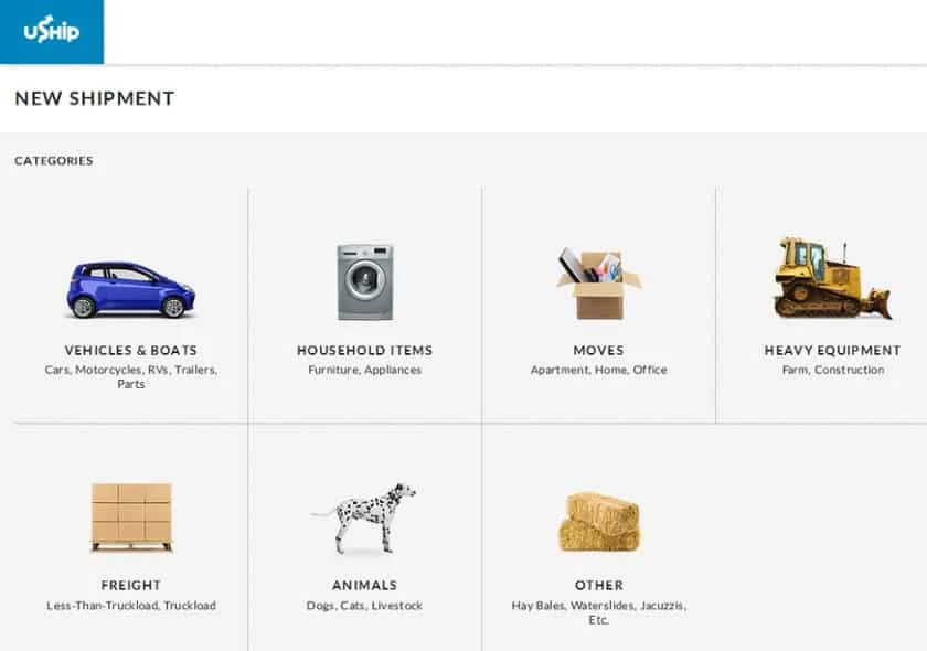 Screenshot of Uship Categories
