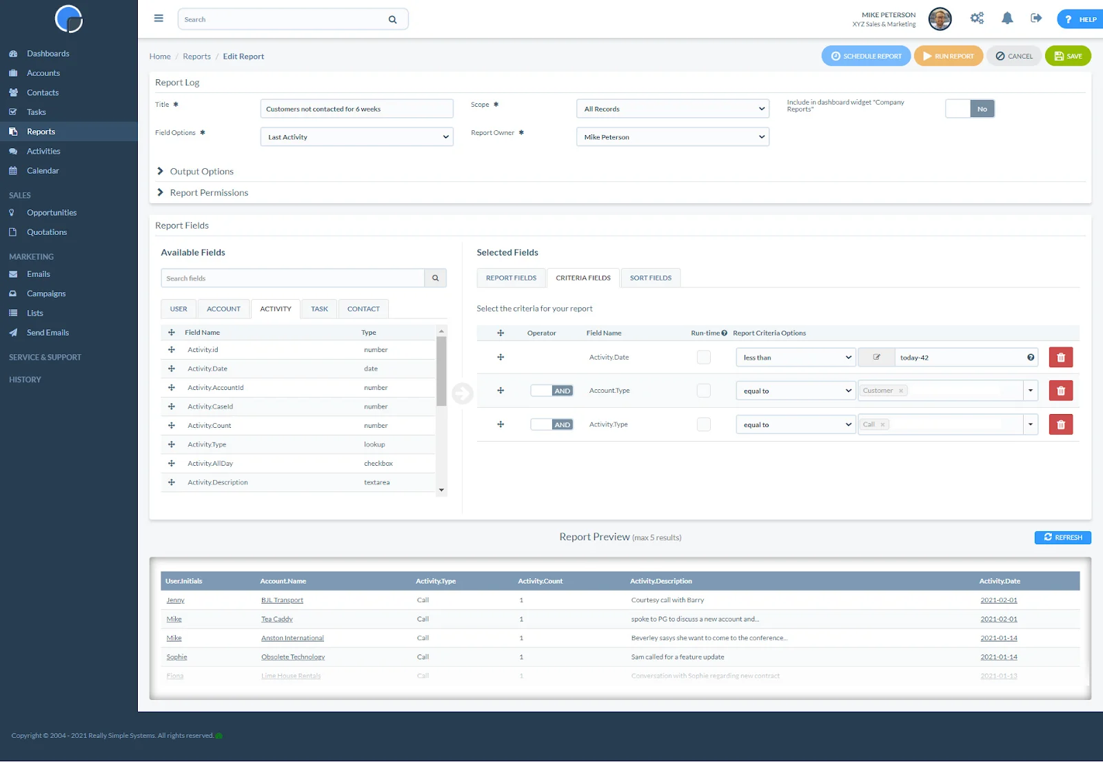 Really Simple Systems reporting page.