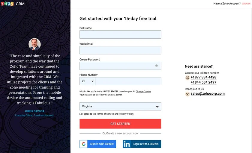 Zoho CRM 15 day free trial signup form.