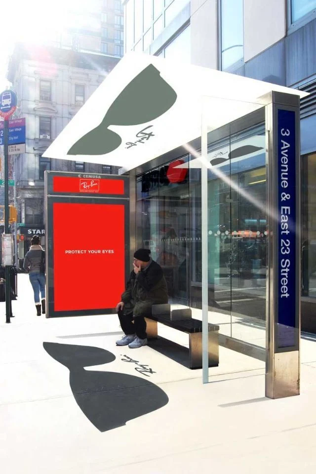 A billboard from Ray-Ban incorporating a bus stop roof to advertise its sunglasses.