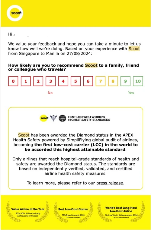 An email from the airline Scoot requesting a review of a recent flight.
