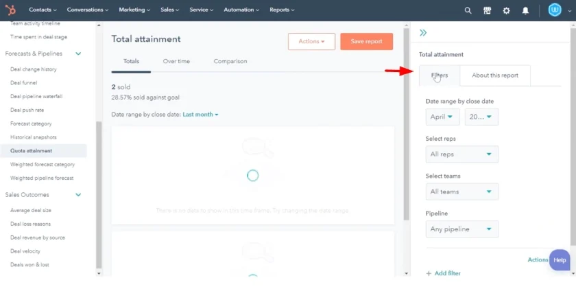 Filters tab on HubSpot CRM.