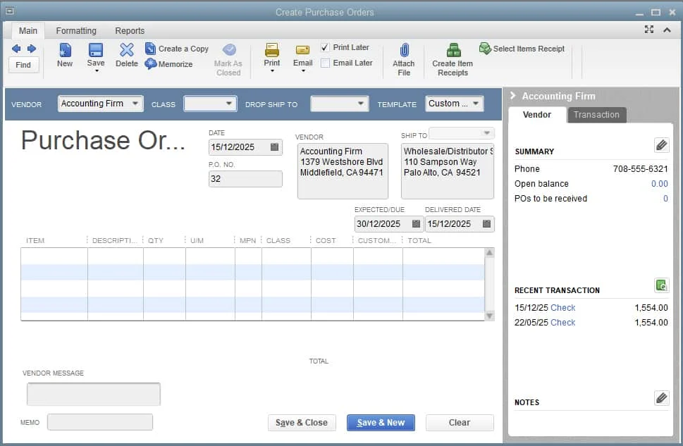 Sample image of QuickBooks Retail Edition in creating a new purchase order.