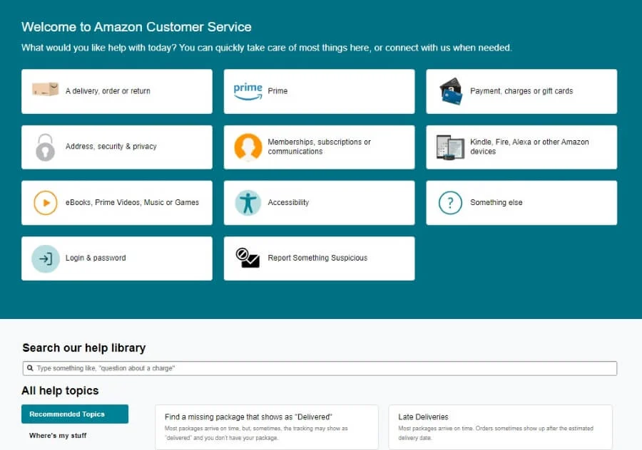 A screenshot of Amazon's help center and knowledge base.