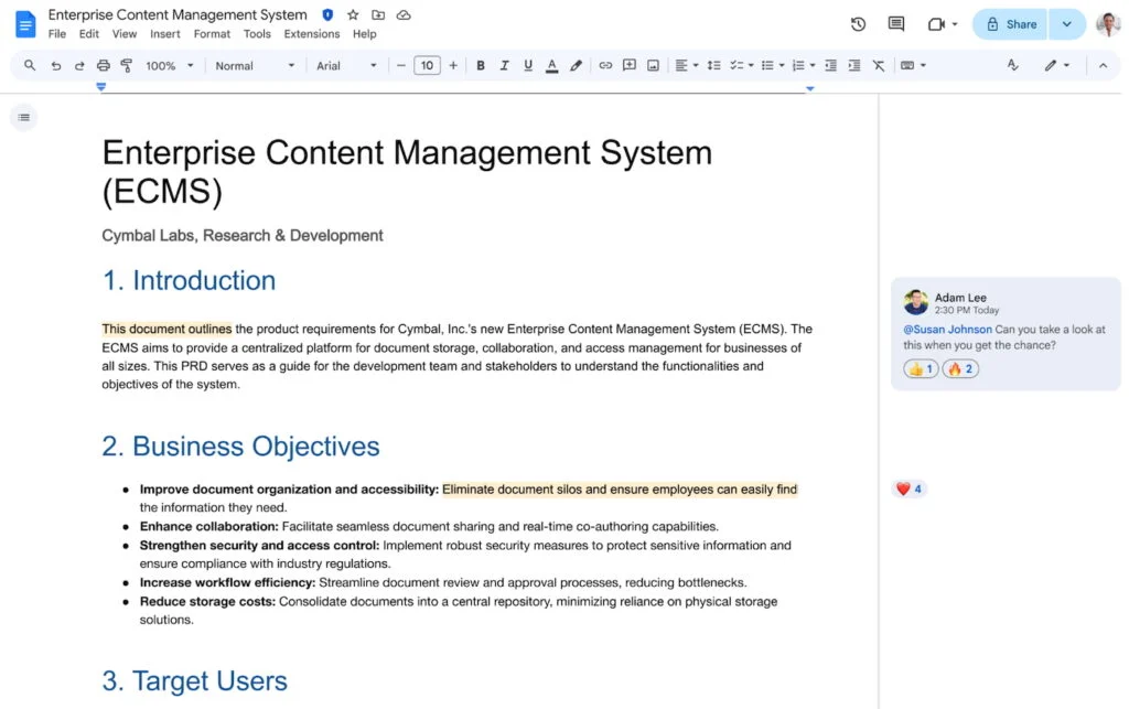Screenshot of Google Docs showing a shared document with highlighted text and a collaborator’s comment in the sidebar.