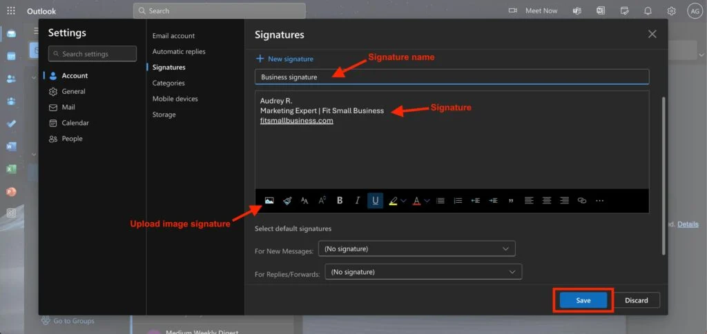 The Signature tab in the settings window of the new Outlook interface with a sample email signature.