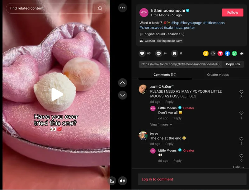 Little Moons, a dessert brand, built a strong TikTok following by posting a healthy mix of content and consistently engaging with users. (Source: @littlemoonsmochi on TikTok)
