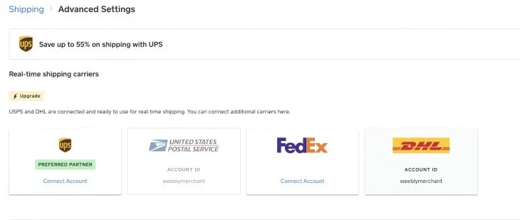 Square Online advance setting for integrated shipping options and real-time shipping calculations at checkout.