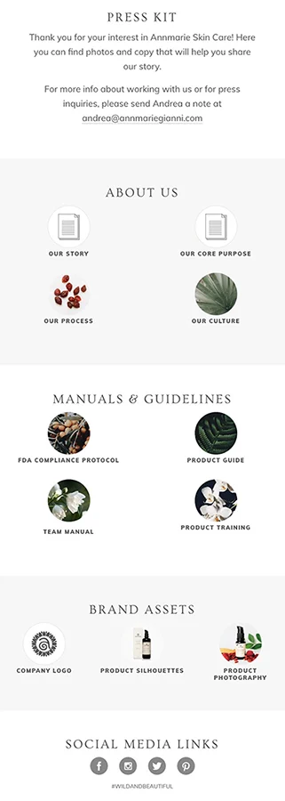 Annemarie Skin Care's press kit page showing their information, brand assets, and social media links.