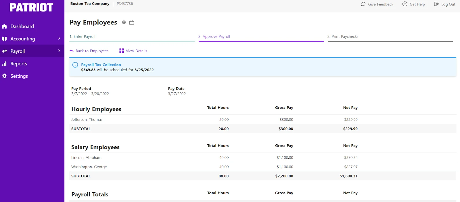 Patriot Payroll's three-step paying process.