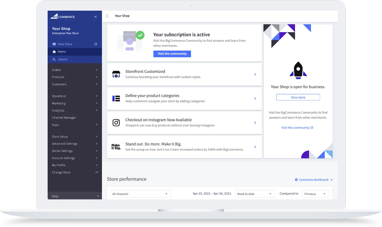 BigCommerce admin dashboard.
