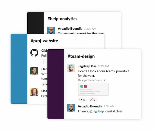 Multiple Slack channels featuring conversations between team members.