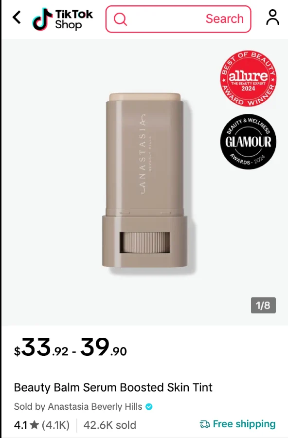 Anastasia Beverly Hills Beauty Balm Skin Tint stick with Allure and Glamour award badges on product page.