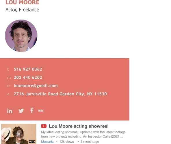 Example of an email signature for an actor or actress.