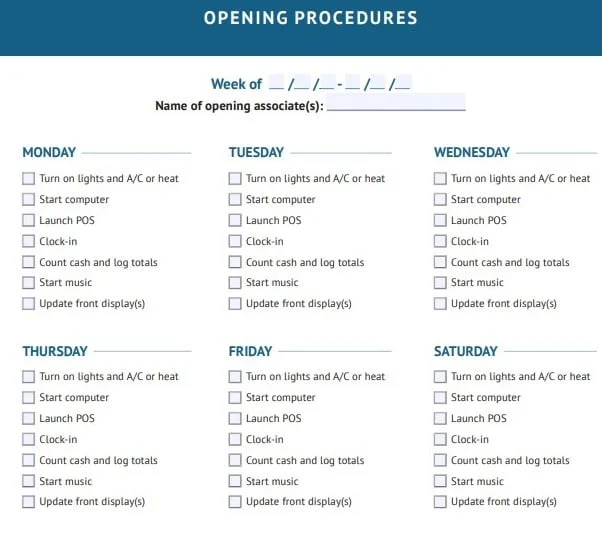 Closing procedures checklist.