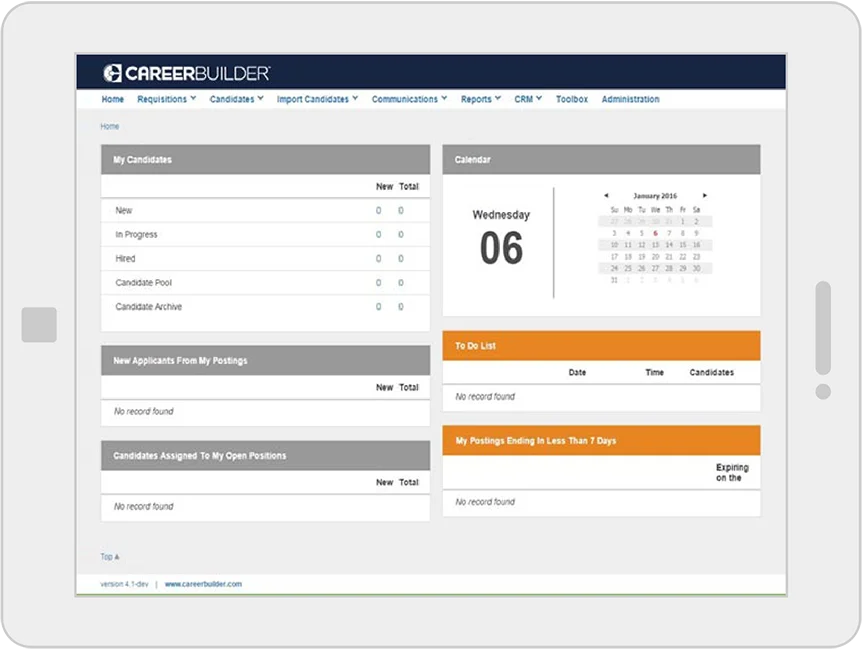 candidate dashboard with calendar and to-do list