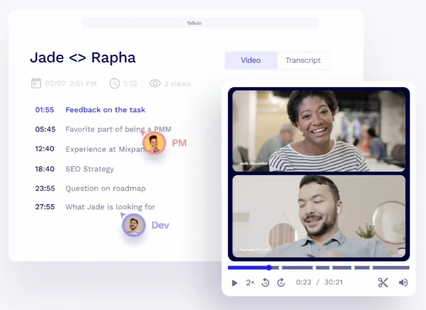 Meeting highlights with timestamp overlaid with screenshots from a video interview.