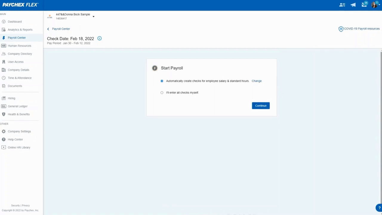Paychex interface screen