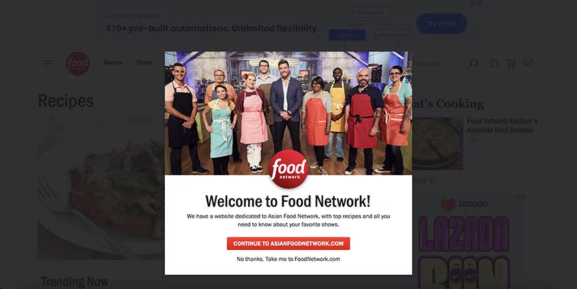 Food Network splash page for redirecting users to new Asian Food Network site