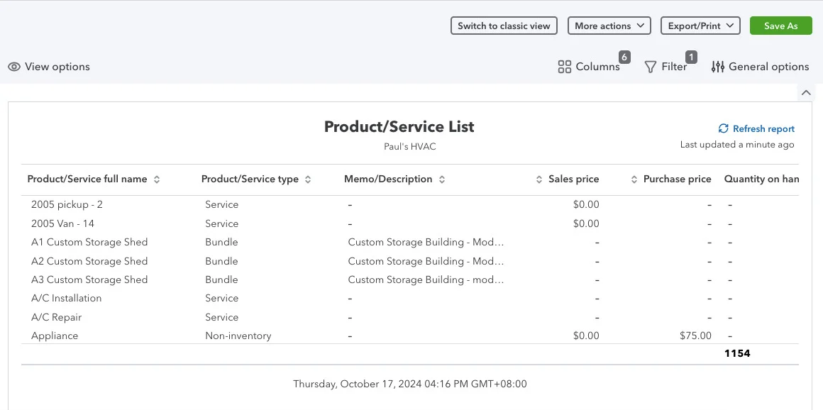 Sample product and service list report in QuickBooks Online
