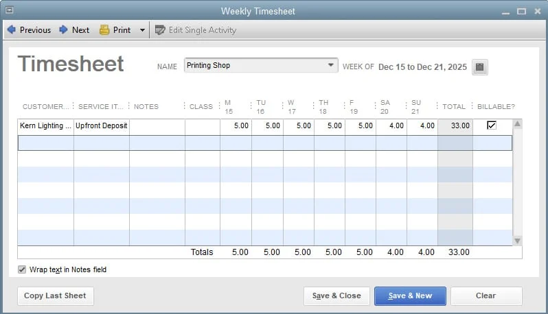 QuickBooks weekly timesheet sample.