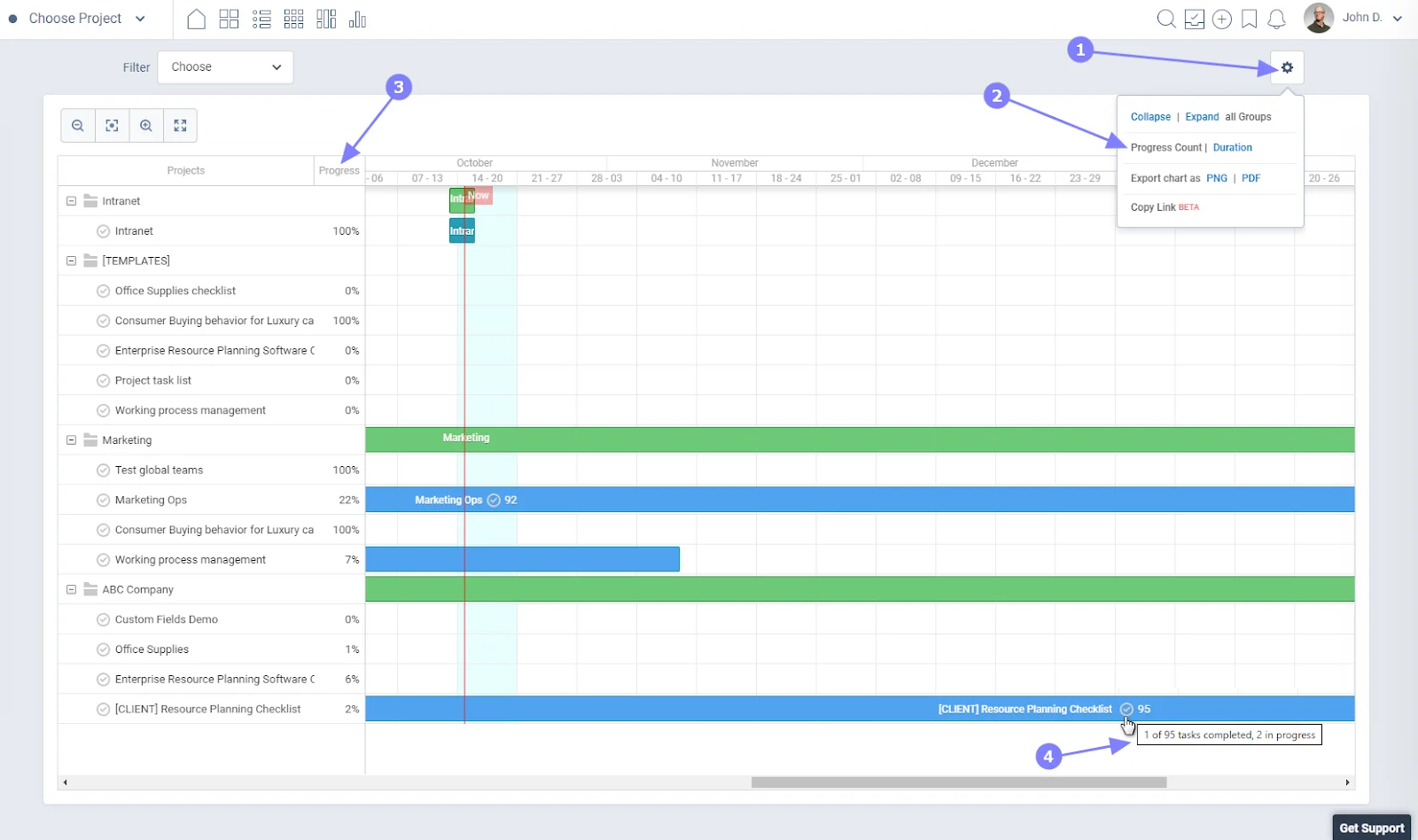 The Freedcamp interface with arrows indicating the pertinent information and options regarding project progress calculations.