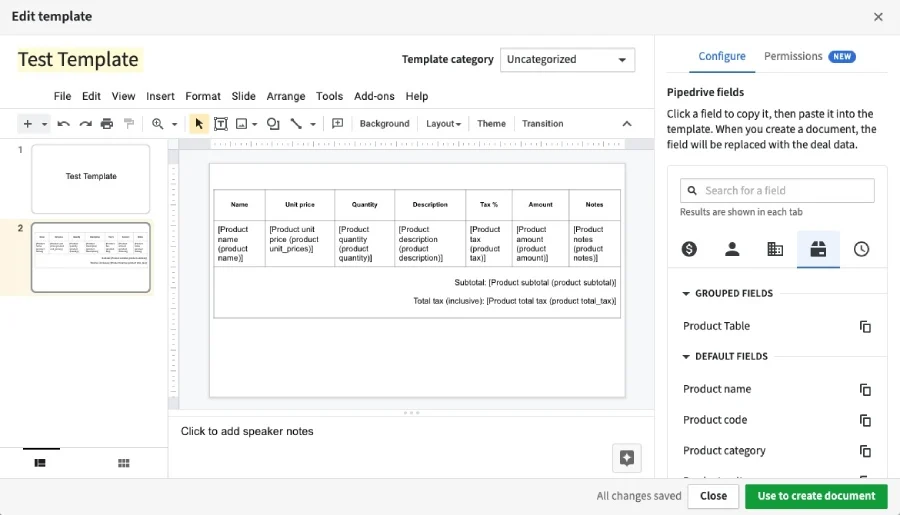 Pipedrive’s Smart Docs feature showing a test template.