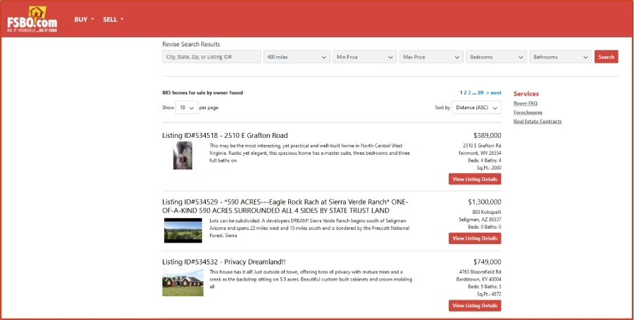 The FSBO.com platform search page with listings.