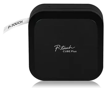 Brother P-touch CUBE Plus label printer with an attached label sheet.