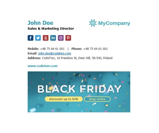 Example of an email signature with social media icons.