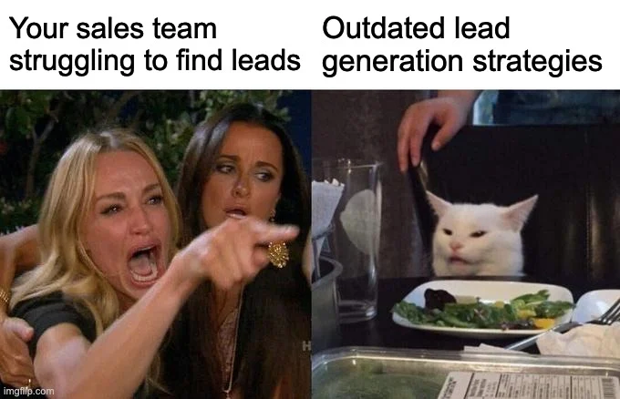 A meme of a woman yelling at a cat relating to outdated lead generation strategies.