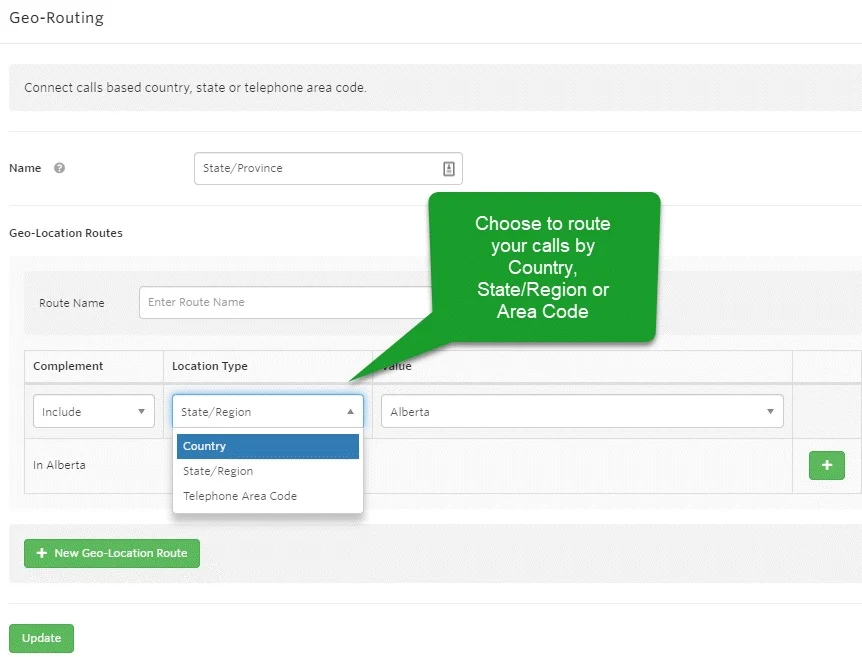 Setting the location type for WhatConvert's geographic call routing feature.