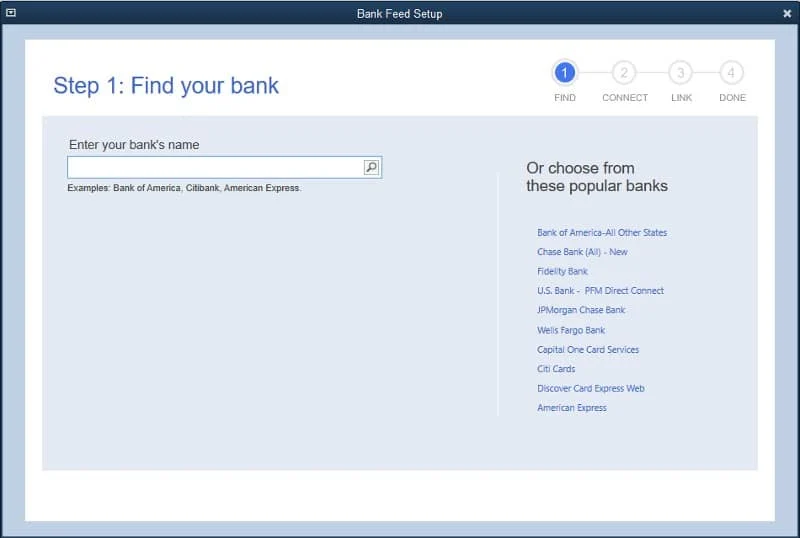 Entering your bank’s name in QuickBooks Desktop.