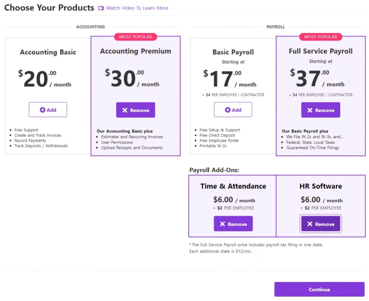 A snapshot of Patriot's account signup page asking you to select the products and add-ons you want.