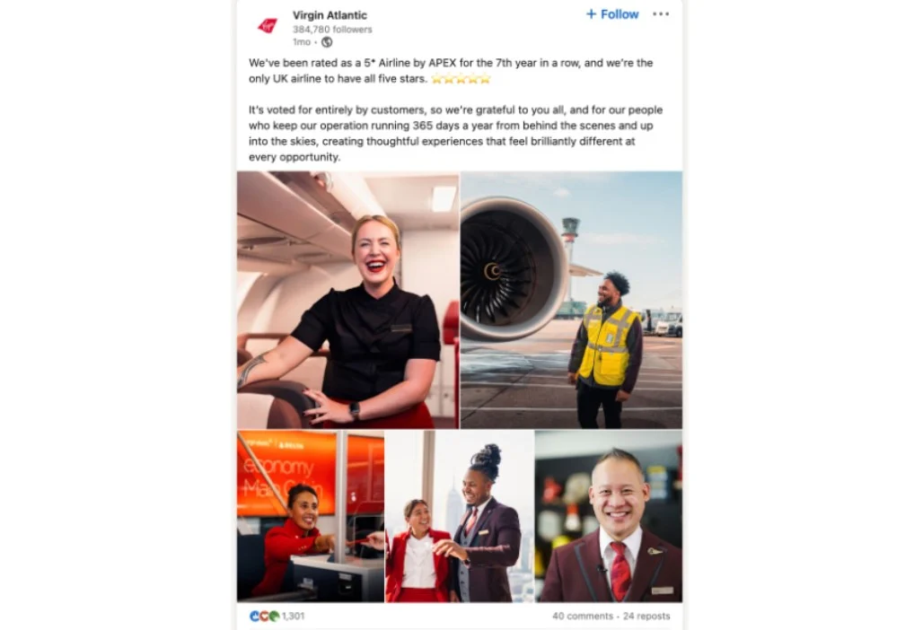 Album post by Virgin Atlantic on Linkedin