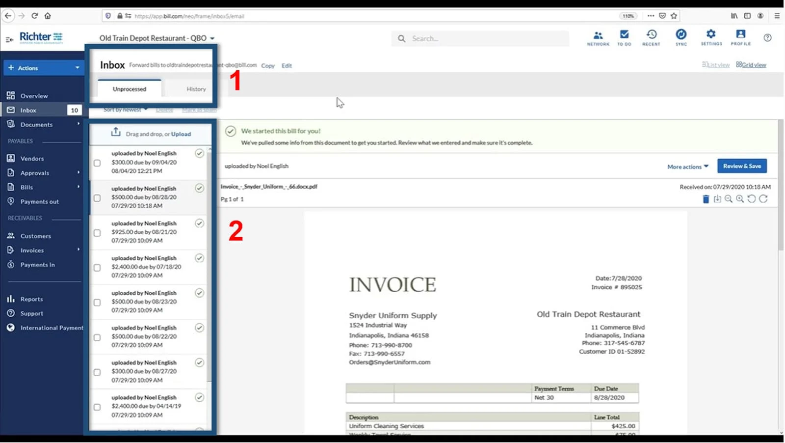 Image showing the inbox window of BILL.