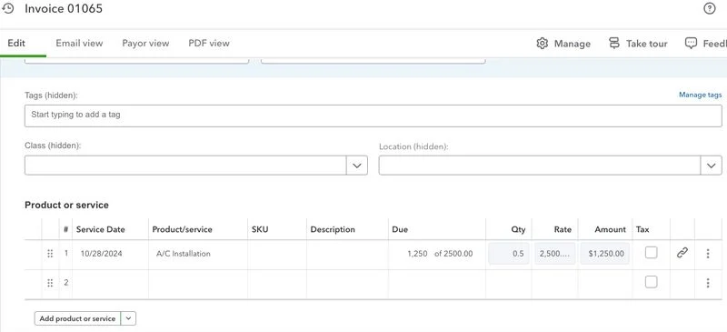 Invoicing form showing the remaining estimate portion to be invoiced in QuickBooks