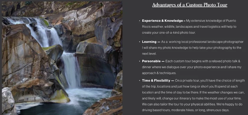 Webpage featuring the advantages of a custom photo tour on Puerto Rico Photo Adventures' website.