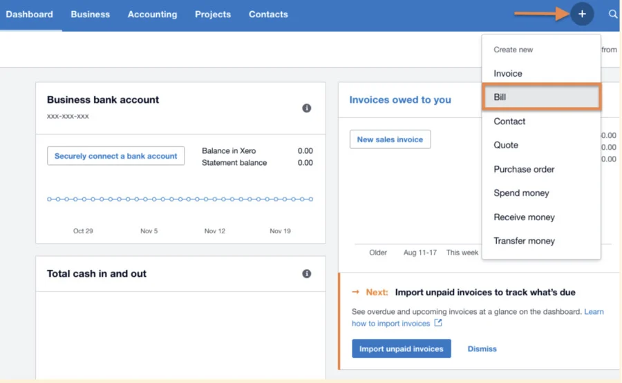 Screen showing how to navigate to the Bill page in Xero