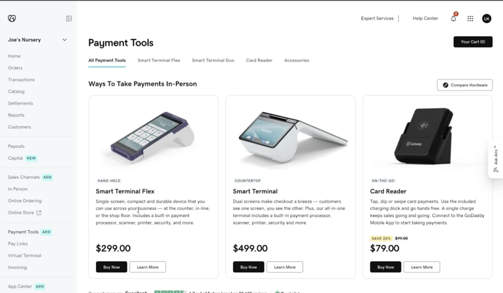 GoDaddy POS payment tools page showing Smart Terminal Flex ($299), Smart Terminal ($499), and Card Reader ($79) as hardware options.