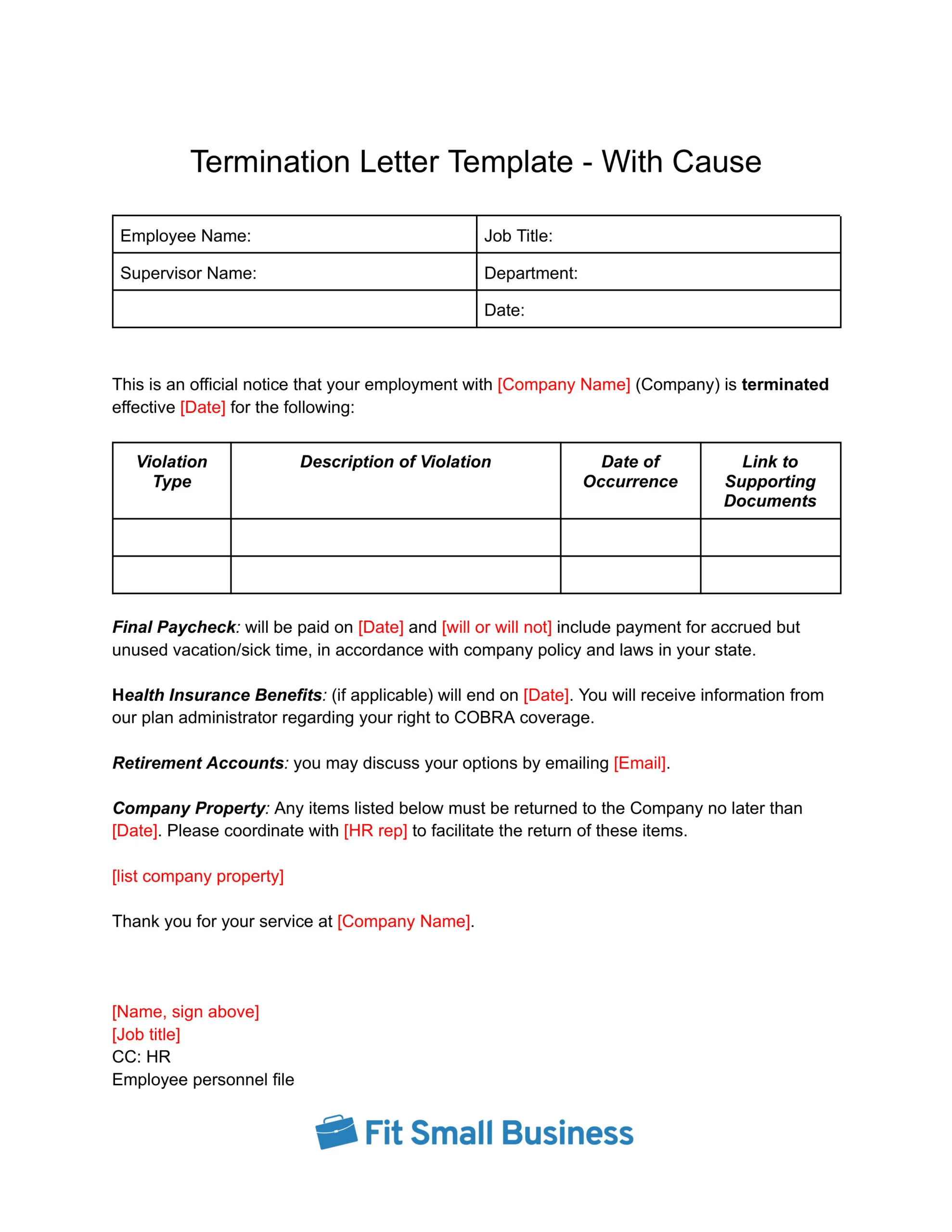 Screenshot of Termination Letter Template