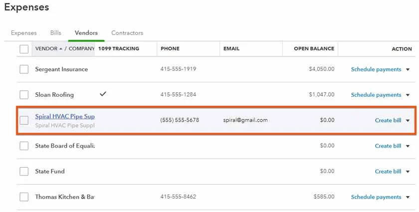 Vendor center in QuickBooks highlighting a sample vendor that is recently added to QuickBooks.