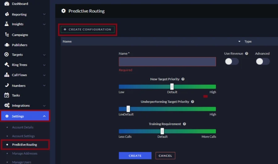 The RingBa settings for configuring predictive routing on target priorities.