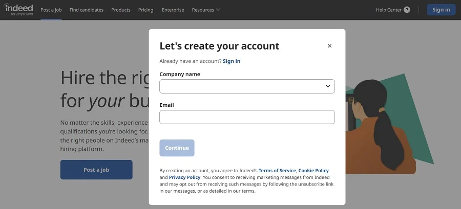Indeed's create an employer tool.